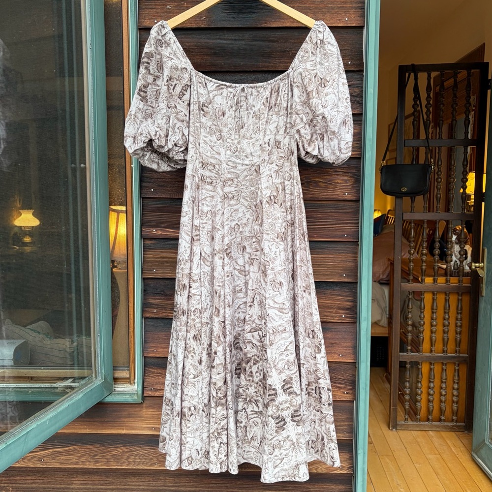 SELKIE Day Dress Toile Sepia Cotton Puff Sleeve Cottage Peasant Vintage Style XS